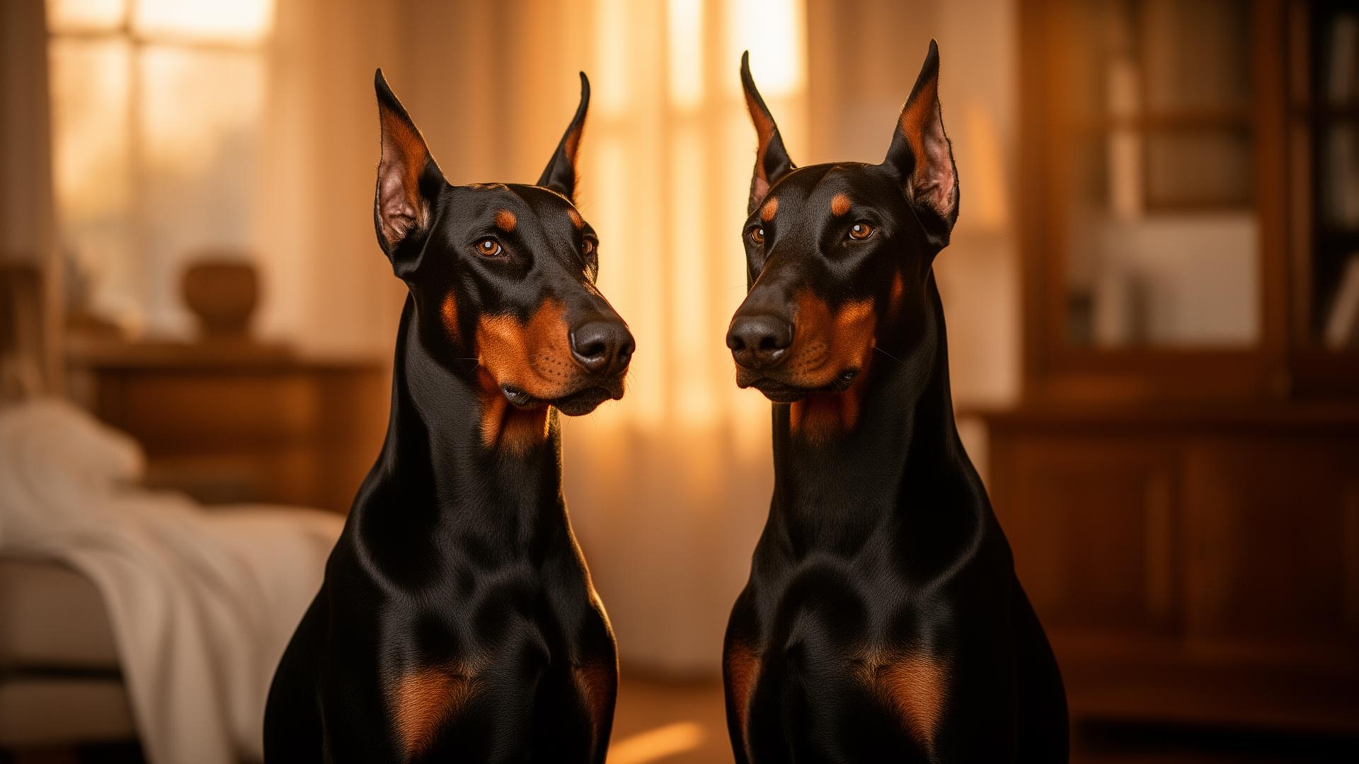 Bonnie and Diva, our European Dobermans, at home